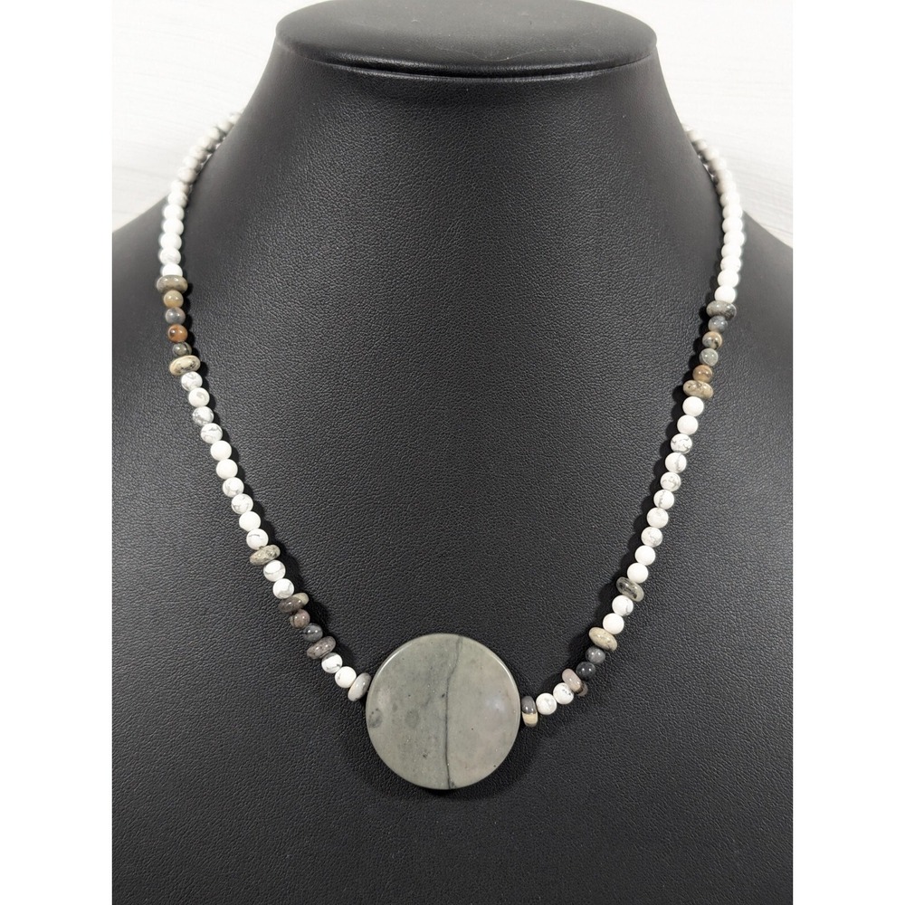 Boho Marble Stone Disc Pendant Necklace White Gray Beads Toggle 18"